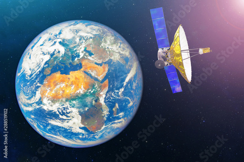 Satellite with extensive dish antenna in the geostationary orbit of the Earth, for communication and monitoring systems. Elements of this image furnished by NASA. photo