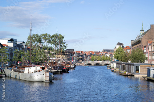 View from Rembrandt bridge across Galgewater in Leiden. Leiden is a city and municipality in the province of South Holland, Netherlands. photo