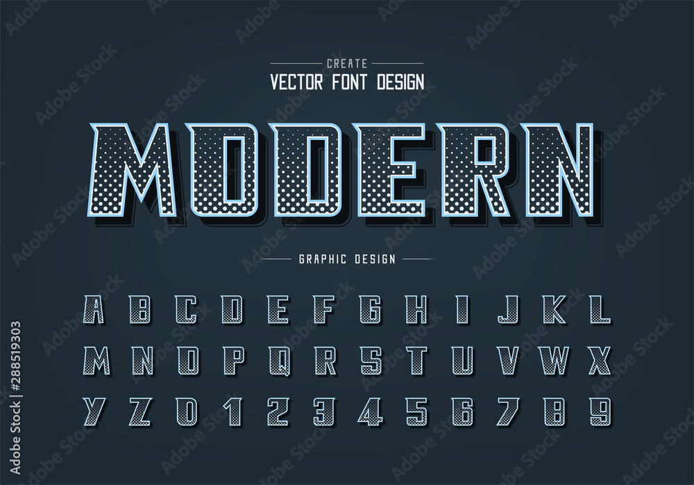 Halftone circle font and bold alphabet vector, Digital modern typeface and letter number design