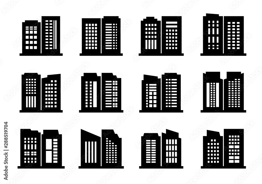 Building and company icon on white background, Vector bank and office collection, Black edifice and residential
