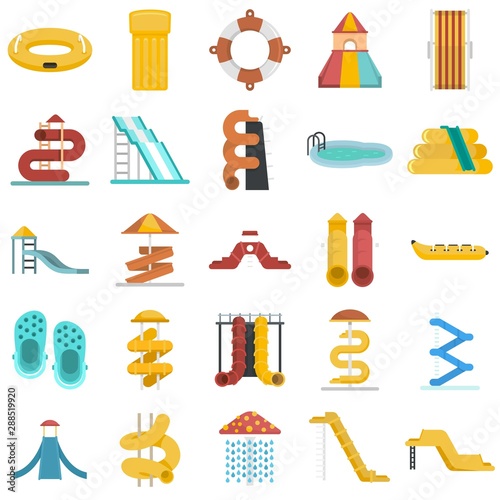 Aquapark icons set. Flat set of aquapark vector icons for web design