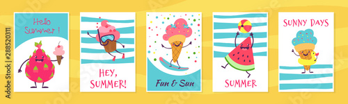 Summer cute cards. Cute doodle cupcake and ice cream characters with funny faces on posters and greeting cards. Vector banners fun freshness fruit and ice-cream on sea beach