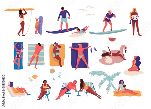 People at beach. Cartoon characters doing summer activities, surfing and swimming sunbathing. Vector outdoor vacation collection with sitting guy and girl on sun loungers