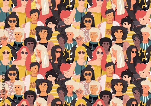 Women pattern. Cute international girl faces, seamless sketch background with ethnic women portraits. Vector illustrations feminist movement poster seamless wallpaper