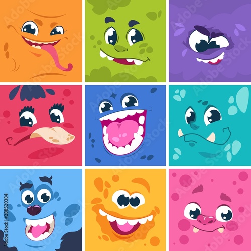 Monsters faces. Cute cartoon characters with different funny expressions, comic happy and scary monsters. Vector square illustration monster mask set for comics or avatars