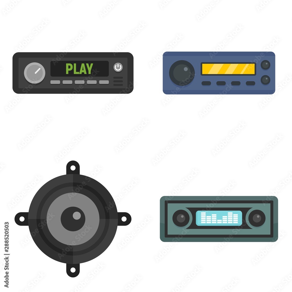 Fototapeta premium Car audio icons set. Flat set of car audio vector icons for web design