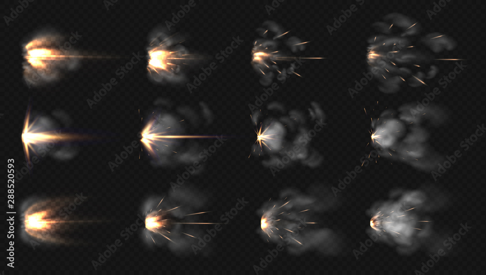 Gun flash. Realistic muzzle flash and shotgun fire and smoke special effects isolated on transparent background. Vector illustration 3D blast motion flashes after weapon shot set
