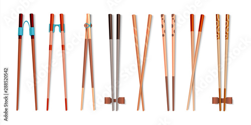 Food chopsticks. Realistic 3D bamboo sticks for Asian food, traditional Chinese and Japanese cutlery. Vector isolated wood colorful utensils set in traditions of east