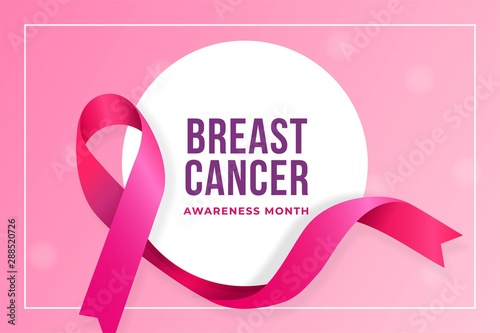Breast cancer awareness month poster background concept design. Realistic pink bow ribbon with circle badge vector illustration template