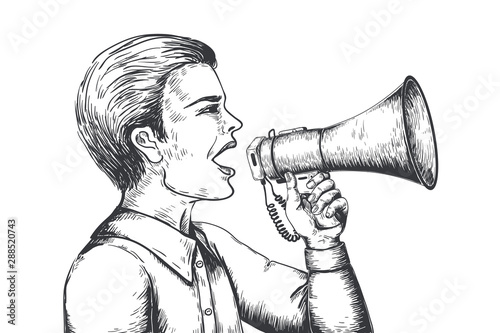 Megaphone sketch. Hand drawn loudspeaker engraving illustration, bullhorn announcement concept. Vector old style speaker tools for news and ads on white background