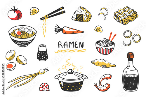 Doodle Ramen. Chinese hand drawn noodle soup with food sticks bowls and ingredients. Vector Asian food sketch set with egg noodles and other cooking products