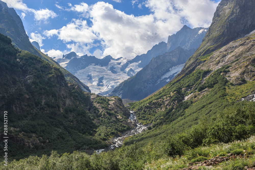 Panorama view of mountains scene in national park of Dombay, Caucasus, Russia