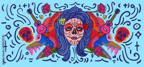 Dia De Muertos Festival Banner Illustration. Doodle Illustration Day of The Dead Mexican Tradition and Religion Festival.