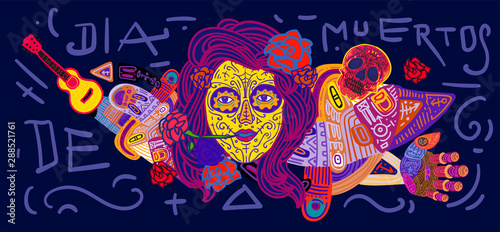 Dia De Muertos Festival Banner Illustration. Doodle Illustration Day of The Dead Mexican Tradition and Religion Festival.