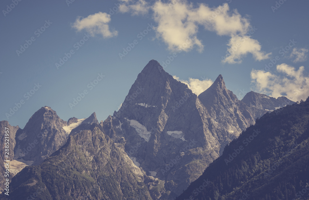 Closeup view of mountains scenes in national park Dombay, Caucasus