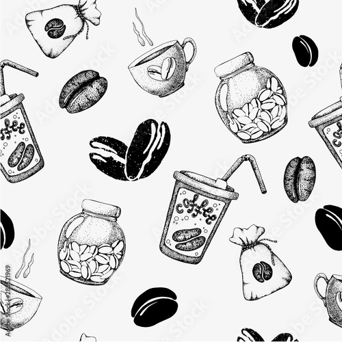 Seamless pattern with coffee attributes in graphic style. Handmade vector illustration with a jar and a bag for coffee, a cup and grains. Design of packaging, wrappers, menu, wallpaper,