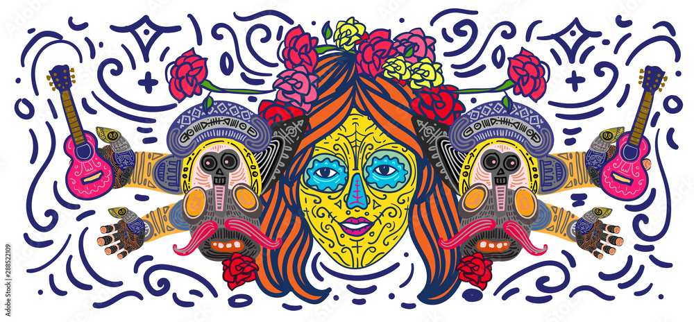 Obraz premium Dia De Muertos Festival Banner Illustration. Doodle Illustration Day of The Dead Mexican Tradition and Religion Festival.