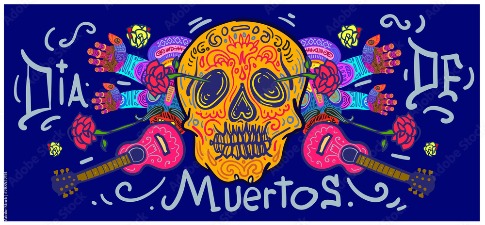 Dia De Muertos Festival Banner Illustration. Doodle Illustration Day of The Dead Mexican Tradition and Religion Festival.