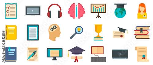 Staff education icons set. Flat set of staff education vector icons for web design
