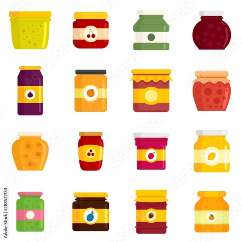 Jam jar icons set. Flat set of jam jar vector icons for web design