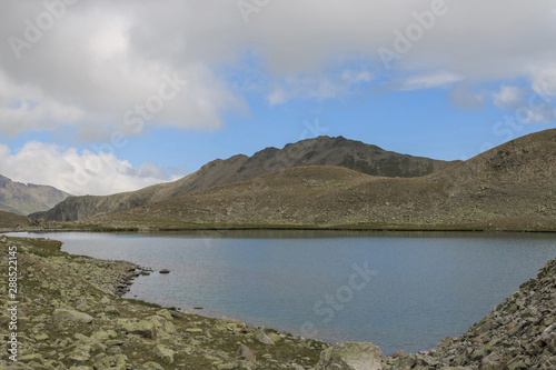 Panorama of lake scenes in mountains, national park Dombay, Caucasus