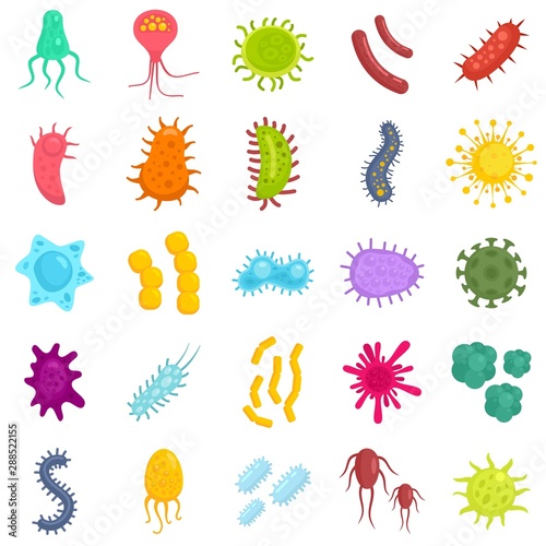 Bacteria icons set. Flat set of bacteria vector icons for web design photo