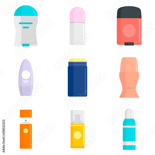 Deodorant icons set. Flat set of deodorant vector icons for web design