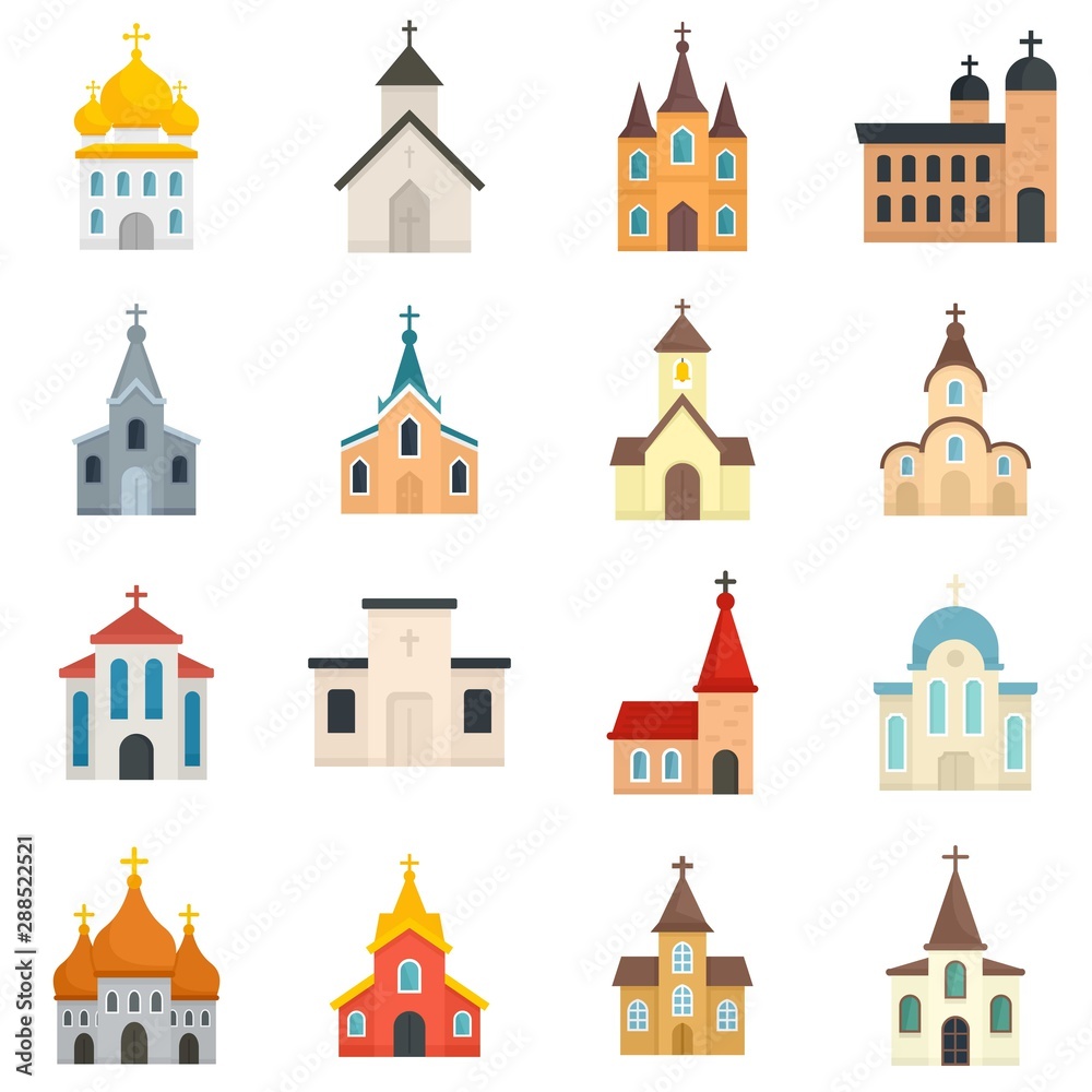 Church icons set. Flat set of church vector icons for web design