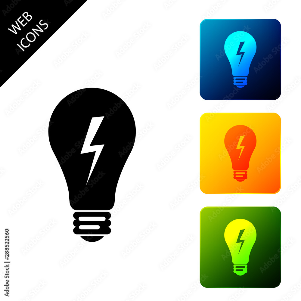 Light lamp sign. Bulb with lightning symbol icon isolated. Idea symbol. Set icons colorful square buttons. Vector Illustration Light lamp sign. Bulb with lightning symbol icon isolated. Idea symbol. Set icons colorful square buttons. Vector Illustration