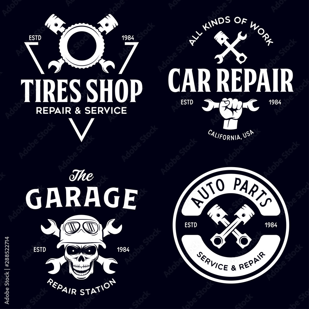 Set of vintage monochrome car repair service templates of emblems