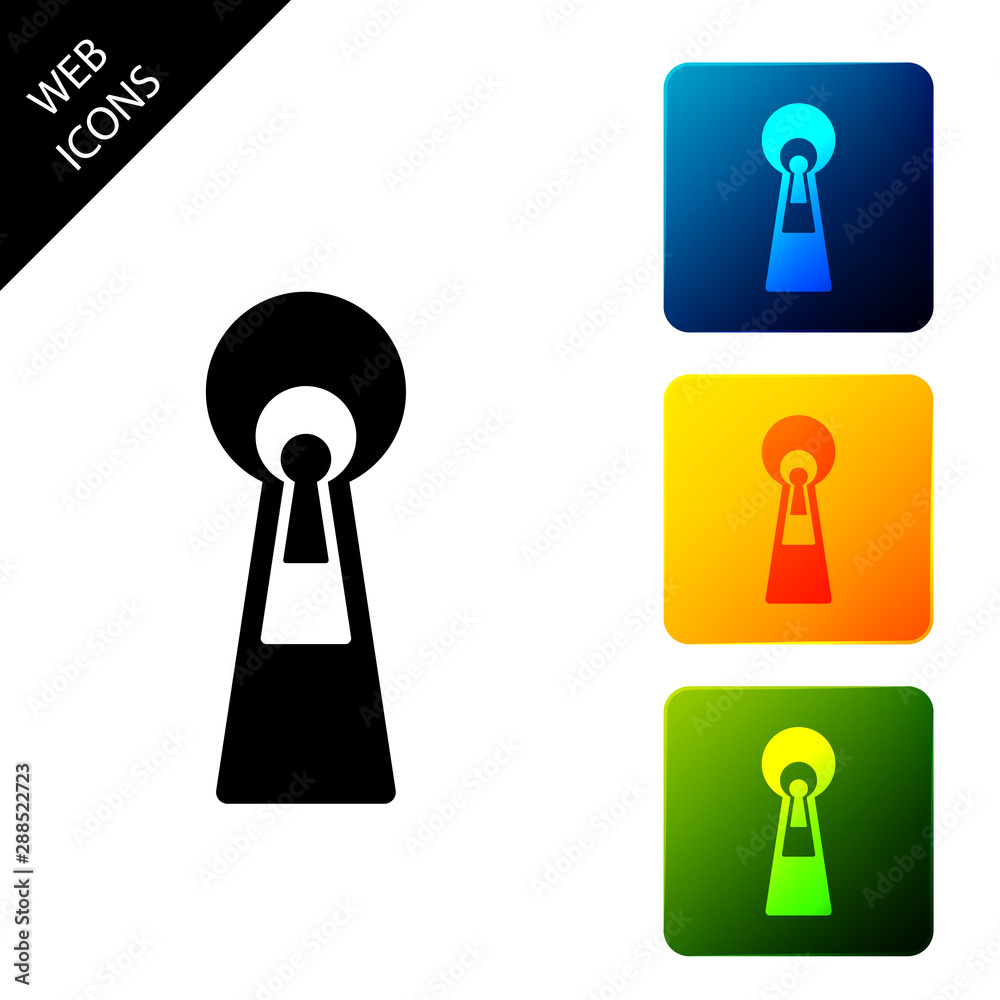 Keyhole icon isolated. Key of success solution, business concept. Keyhole express the concept of riddle, secret, peeping, safety, security. Set icons colorful square buttons. Vector Illustration Keyhole icon isolated. Key of success solution, business concept. Keyhole express the concept of riddle, secret, peeping, safety, security. Set icons colorful square buttons. Vector Illustration