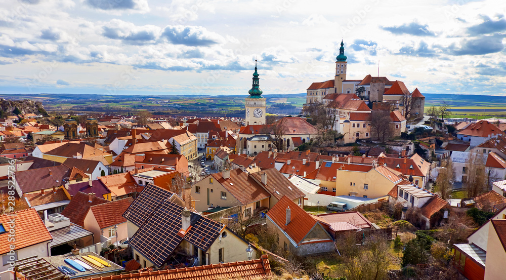 Mikulov castle on the top of the rock towering above the town of Mikulov, South Moravia, Czech republic.