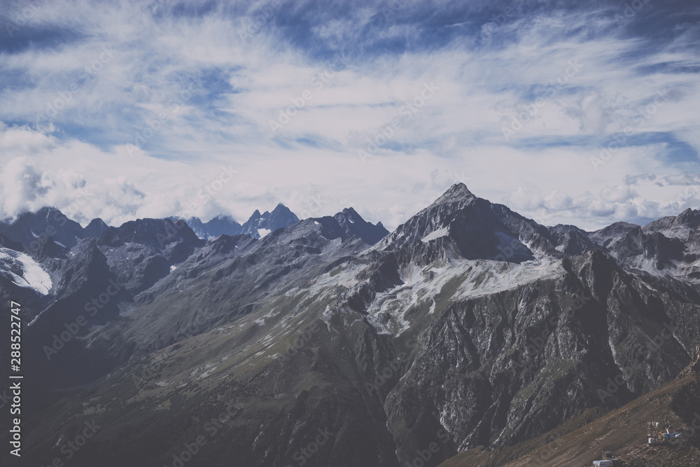 Panorama view of dramatic sky and mountains scene in national park Dombay