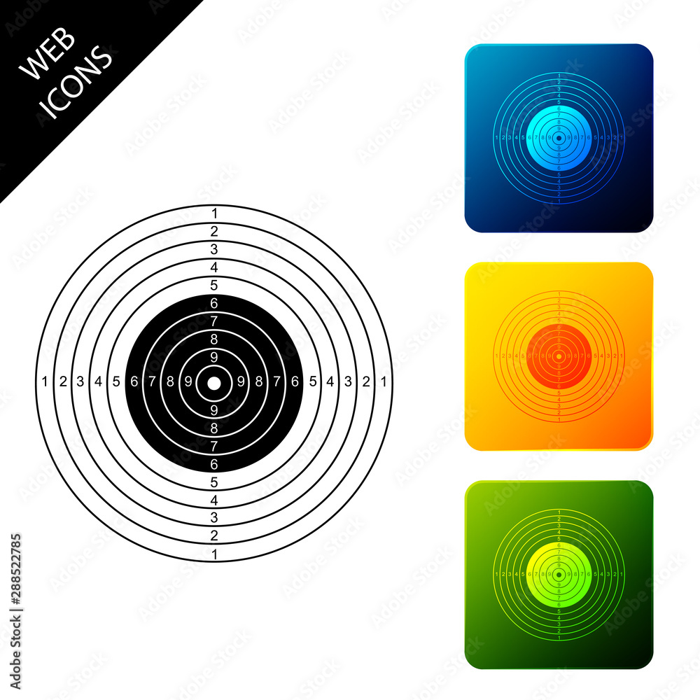 Target sport for shooting competition icon isolated. Clean target with numbers for shooting range or pistol shooting. Set icons colorful square buttons. Vector Illustration Target sport for shooting competition icon isolated. Clean target with numbers for shooting range or pistol shooting. Set icons colorful square buttons. Vector Illustration