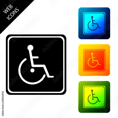 Disabled handicap icon isolated. Wheelchair handicap sign. Set icons colorful square buttons. Vector Illustration