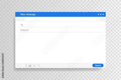 Email interface. Mail window template, internet message isolated frame, blank email. Modern flat style vector illustration photo