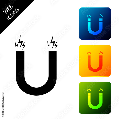 Magnet icon isolated. Horseshoe magnet, magnetism, magnetize, attraction. Set icons colorful square buttons. Vector Illustration