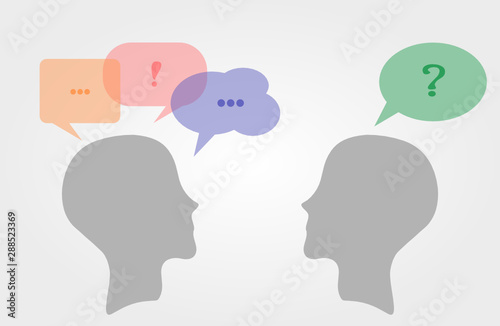 Interpersonal communication. Two heads representing people communicate through speech bubbles. Talk, chat, conversation, meeting, arguing, listening, psychotherapy, concept. Vector illustration, flat.