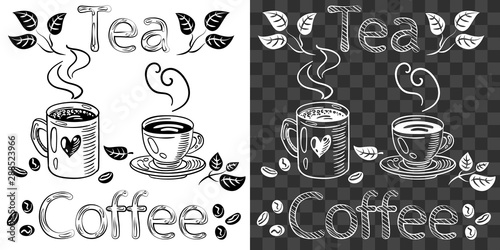 White, black outline drawing of coffee or tea