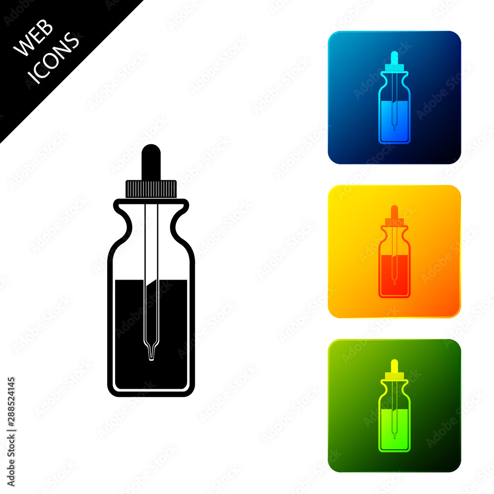Glass bottle with a pipette. Vial with a pipette inside and closed lid icon isolated. Container for medical and cosmetic product. Set icons colorful square buttons. Vector Illustration Glass bottle with a pipette. Vial with a pipette inside and closed lid icon isolated. Container for medical and cosmetic product. Set icons colorful square buttons. Vector Illustration