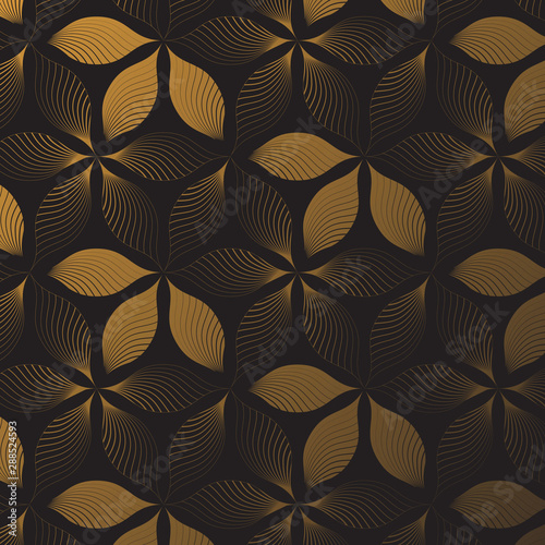 Linear flower vector pattern, repeating abstract golden flower on dark background, pattern is clean for fabric, wallpaper, printing. Pattern is on swatches panel.