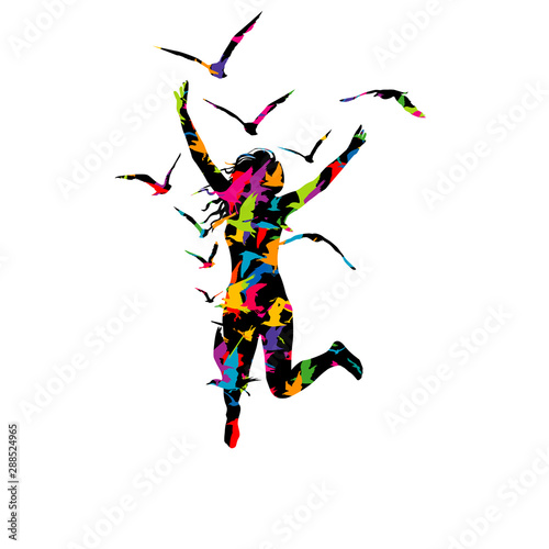 Abstract colorful illustration of a woman jumping and birds flying