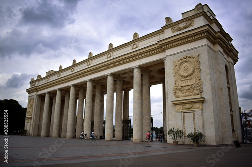 Moscow, Russia - August 21, 2019: Main entrance to the Gorky park against the cloudy sky