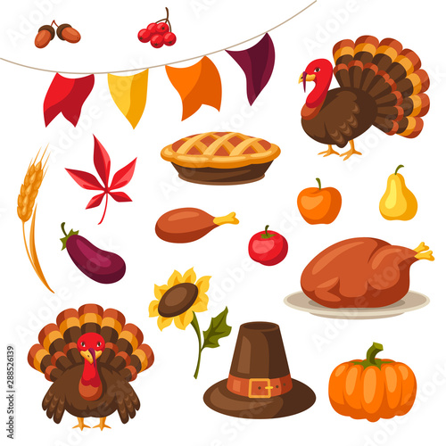 Set of Happy Thanksgiving Day objects and icons.