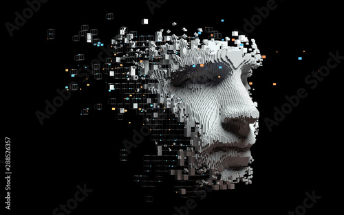 Abstract digital human face. Artificial intelligence concept of big data or cyber security. 3D illustration 