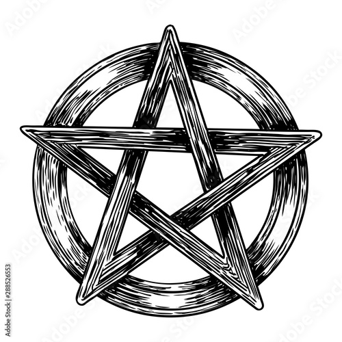 Pentagram drawing. Hand drawn ancient pagan symbol of five pointed star. Black work for flash tattoo. Vector. photo