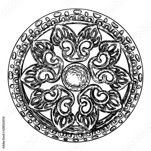 Beautiful hand drawn baroque elements or vintage patch for scarf, print or fabric design. Decorative marble stone architecture element. Circular floral style. Vector.