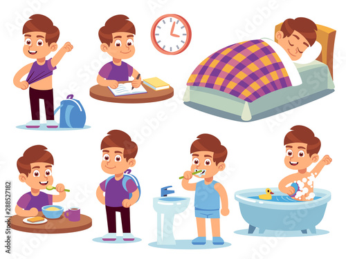 Boy daily activities. Little kid sleeps in a bed, wake up and takes bath, does homework and eats in school. Routine active vector cartoon set