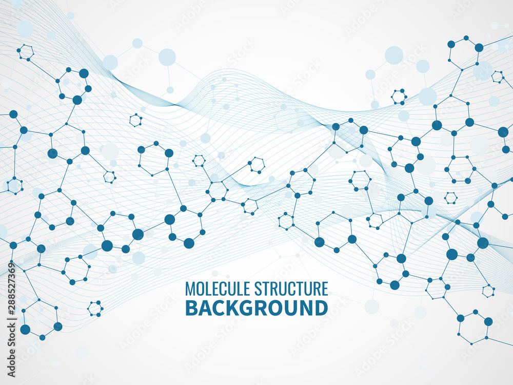 Molecular structure background. Pharmaceutical biochemistry complex, medical technology. Atom model and dna chain vector concept