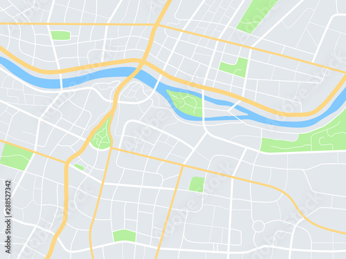 City map. Town streets with park and river. Downtown gps navigation plan, abstract transportation urban vector texture